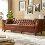 Transitional Genuine Leather Tufted Design Sofa with Solid Wood Legs