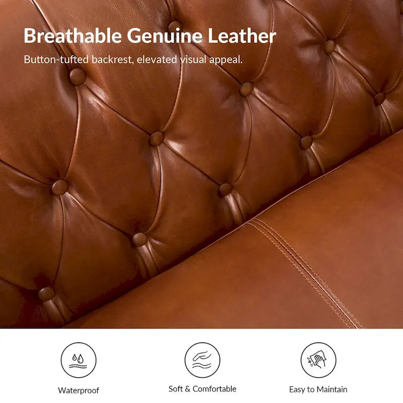 Transitional Genuine Leather Tufted Design Sofa with Solid Wood Legs