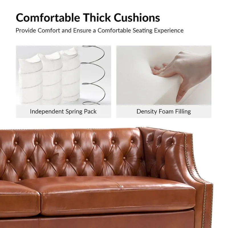 Transitional Genuine Leather Tufted Design Sofa with Solid Wood Legs