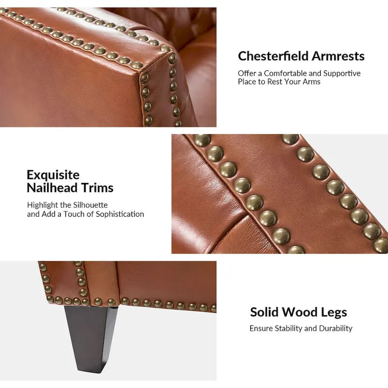 Transitional Genuine Leather Tufted Design Sofa with Solid Wood Legs